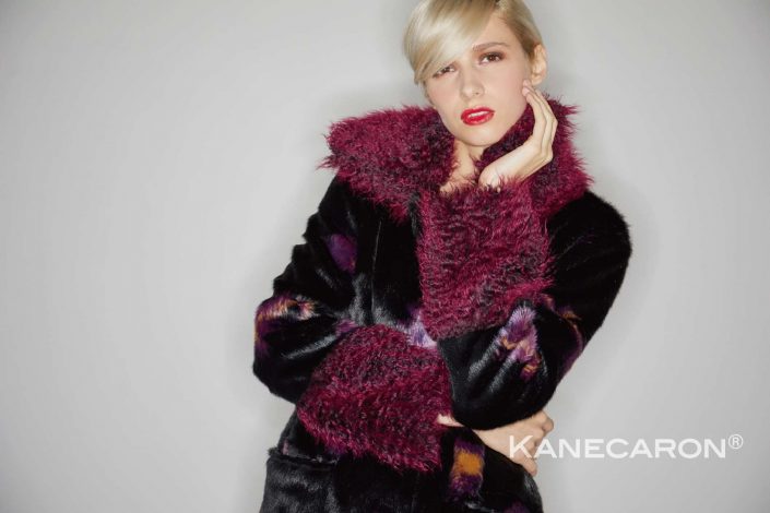 Kanecaron Modacrylic Fibre fashion jacket faux fur black and purple